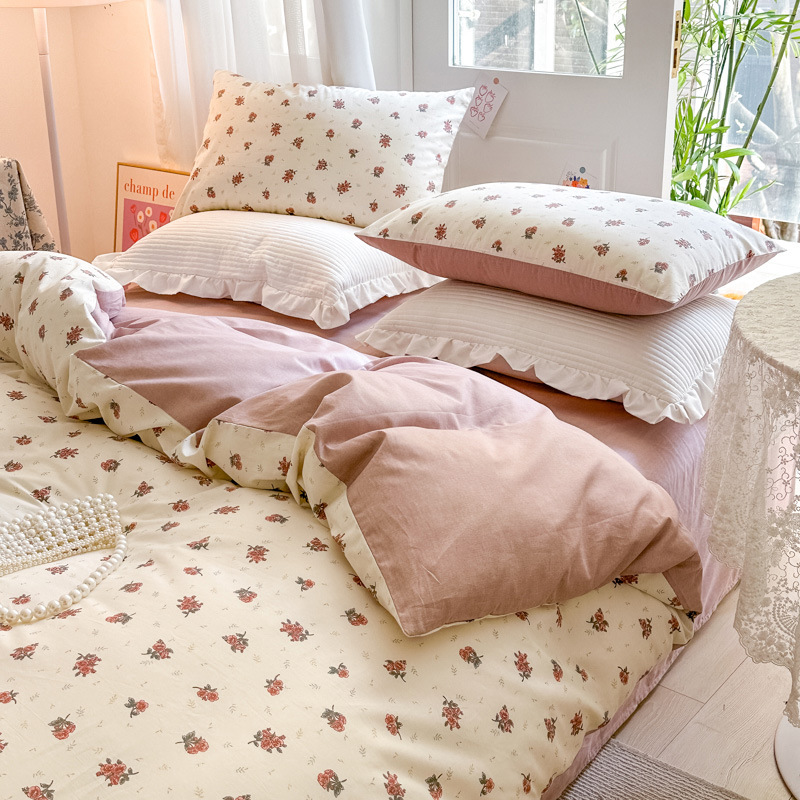 Cotton Small Floral Bed Four-piece Set-Pink b2