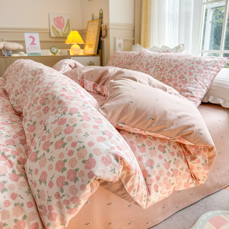 Spring Field Small Fresh Cotton Four-piece Set - Pink b9