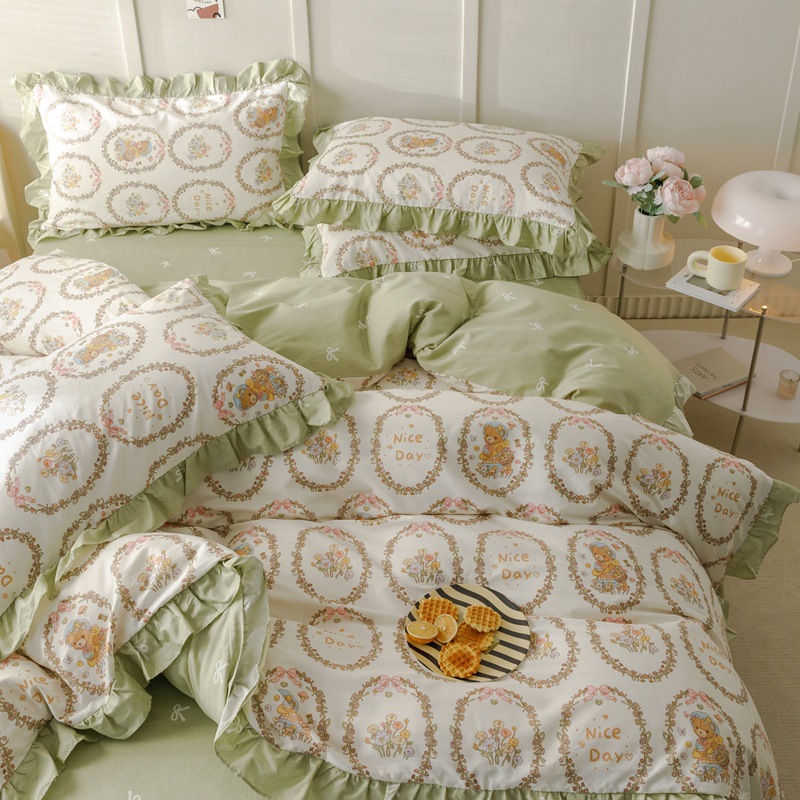 Cotton princess style lace four-piece set - Green b25