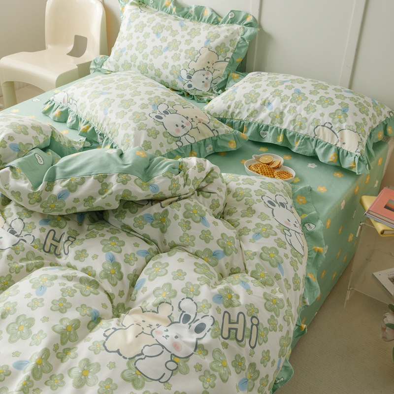 Cotton princess style lace four-piece set - Green b25
