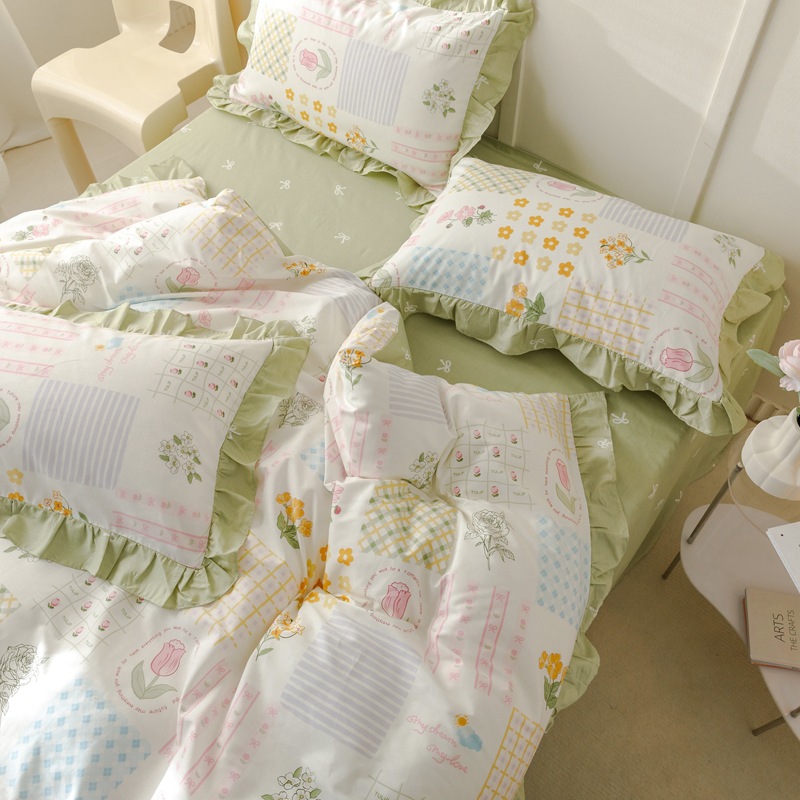 Cotton princess style lace four-piece set - Green b25