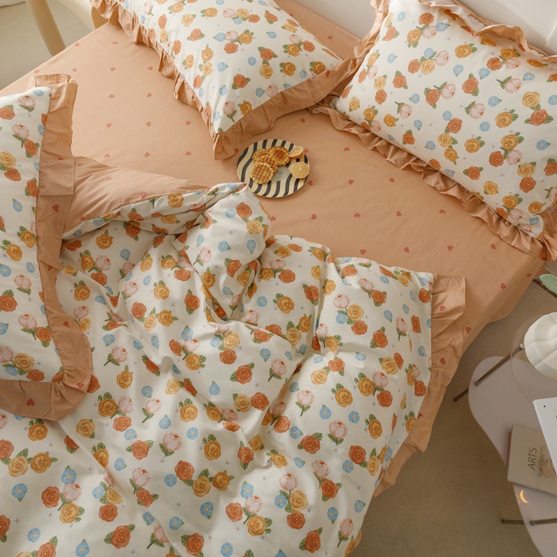 Cotton princess style lace four-piece set - Orange b24
