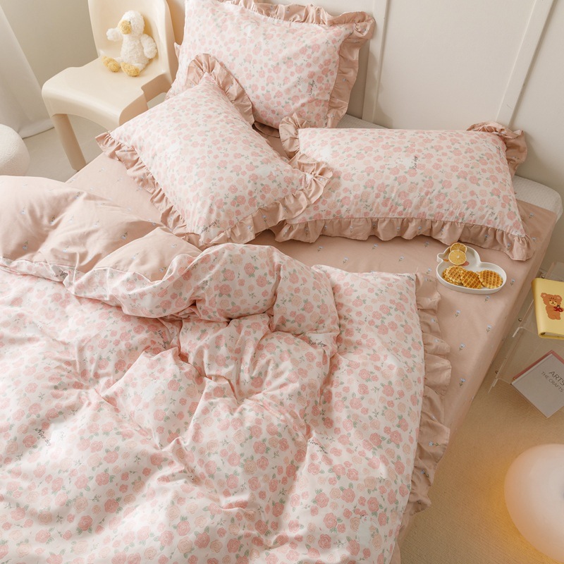 Cotton princess style lace four-piece set - Pink b23