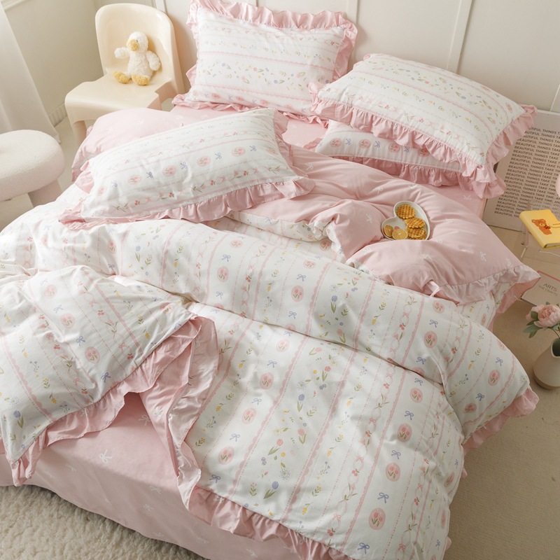 Cotton princess style lace four-piece set - Pink b23