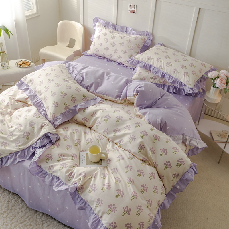 Cotton princess style lace four-piece set - Purple b22