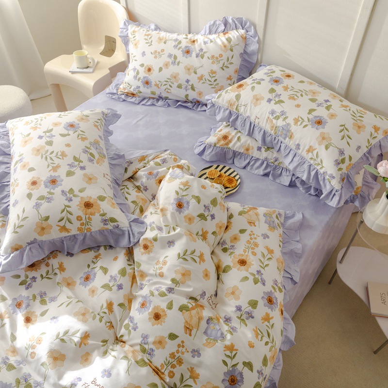 Cotton princess style lace four-piece set - Purple b22