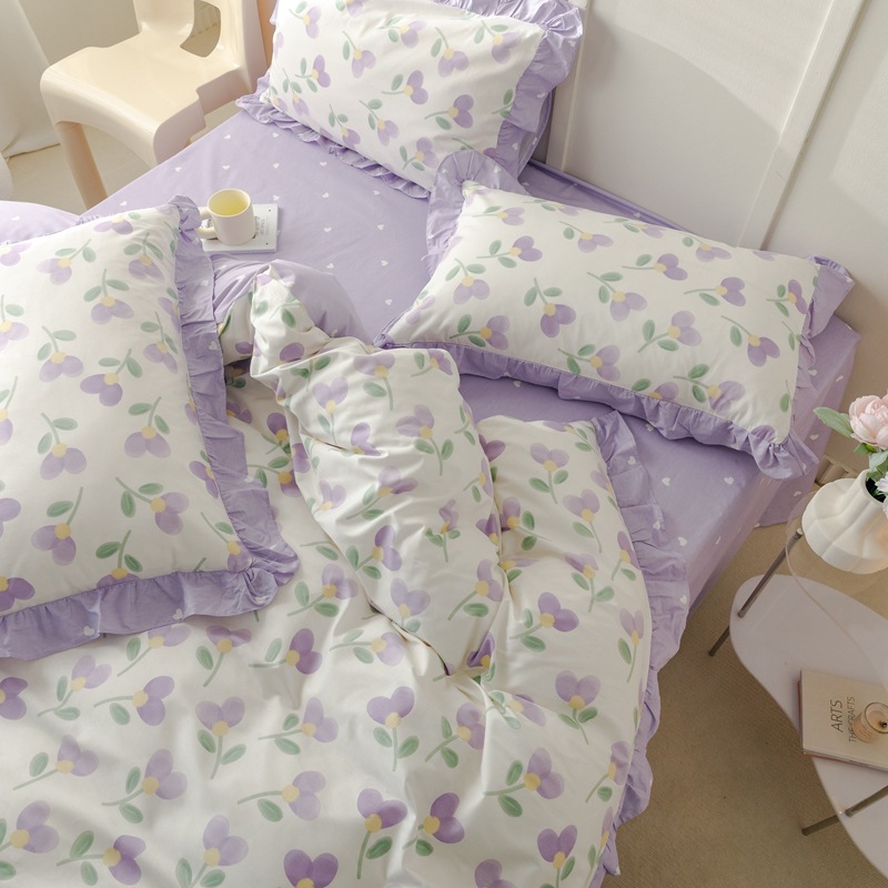Cotton princess style lace four-piece set - Purple b22