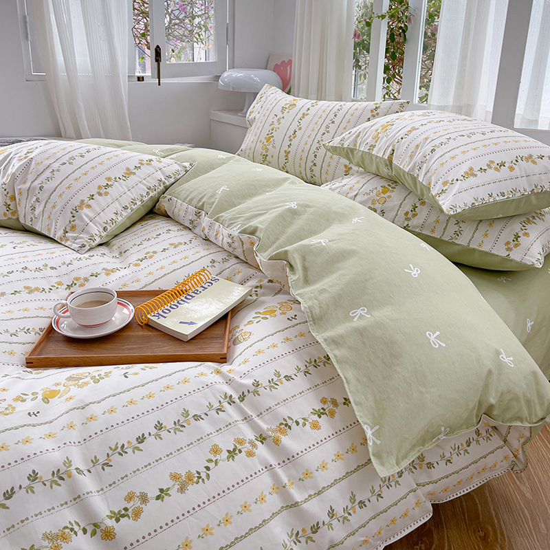 Cotton Small Floral Bed Four-piece Set-Green b5