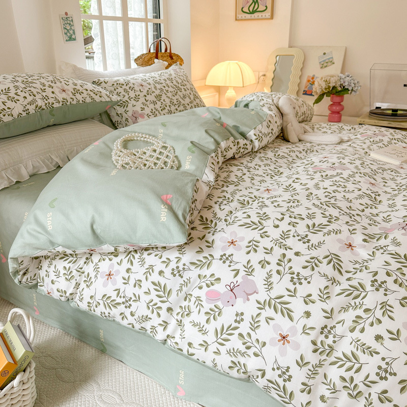 Cotton Small Floral Bed Four-piece Set-Green b5