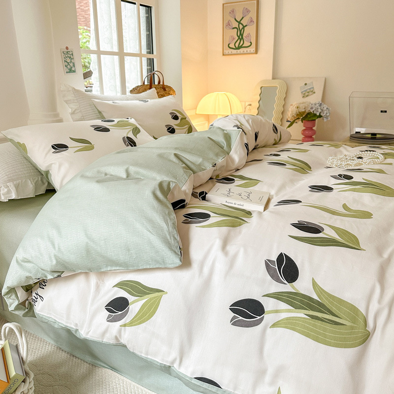 Cotton Small Floral Bed Four-piece Set-Green b5