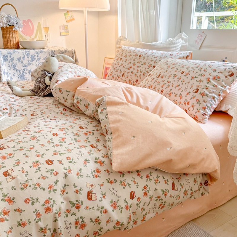Cotton Small Floral Bed Four-piece Set-Orange b4
