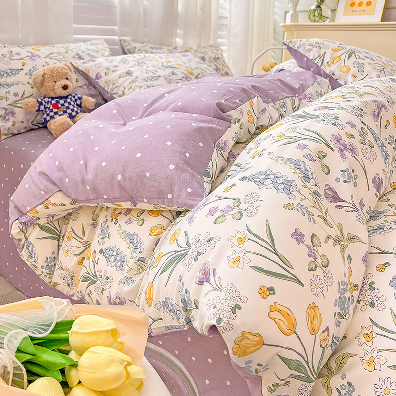 Spring Field Small Fresh Cotton Four-piece Set - Purple b10
