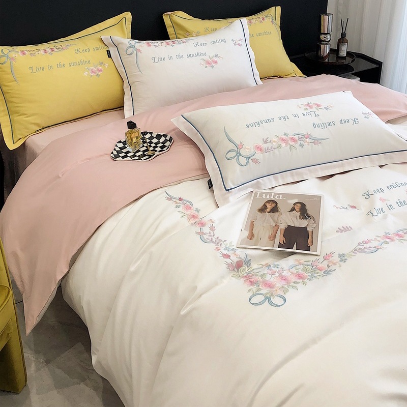 Fresh embroidered cotton solid color four-piece set b66