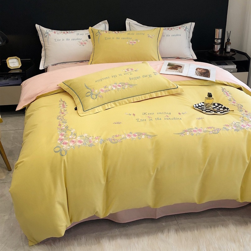 Fresh embroidered cotton solid color four-piece set b66