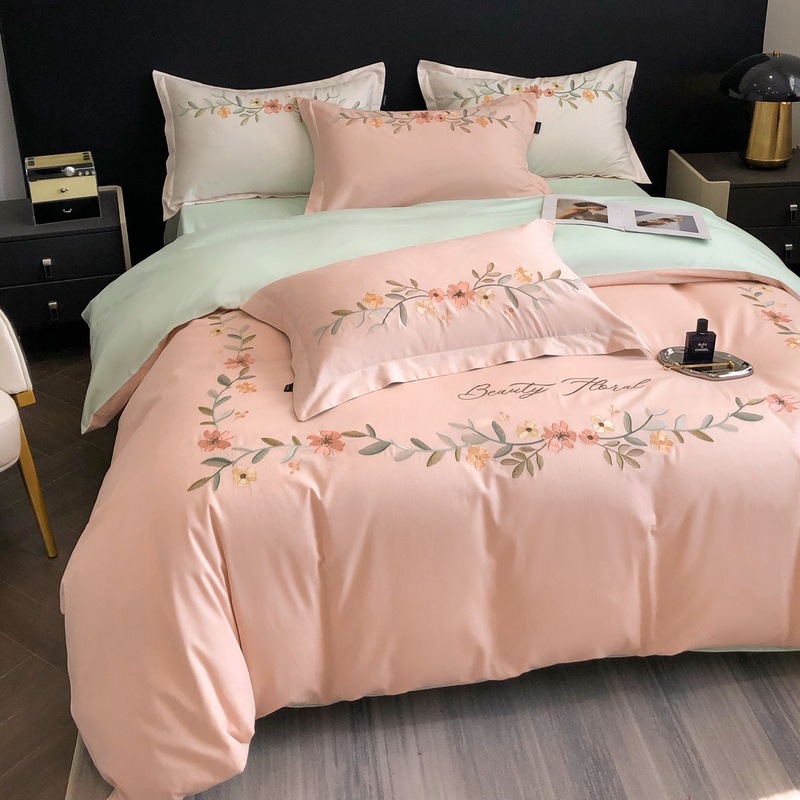 Fresh embroidered cotton solid color four-piece set b66