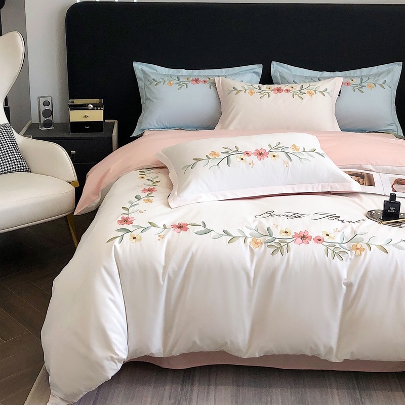 Elegant Embroidered Cotton Bedding - Chenyu White b65