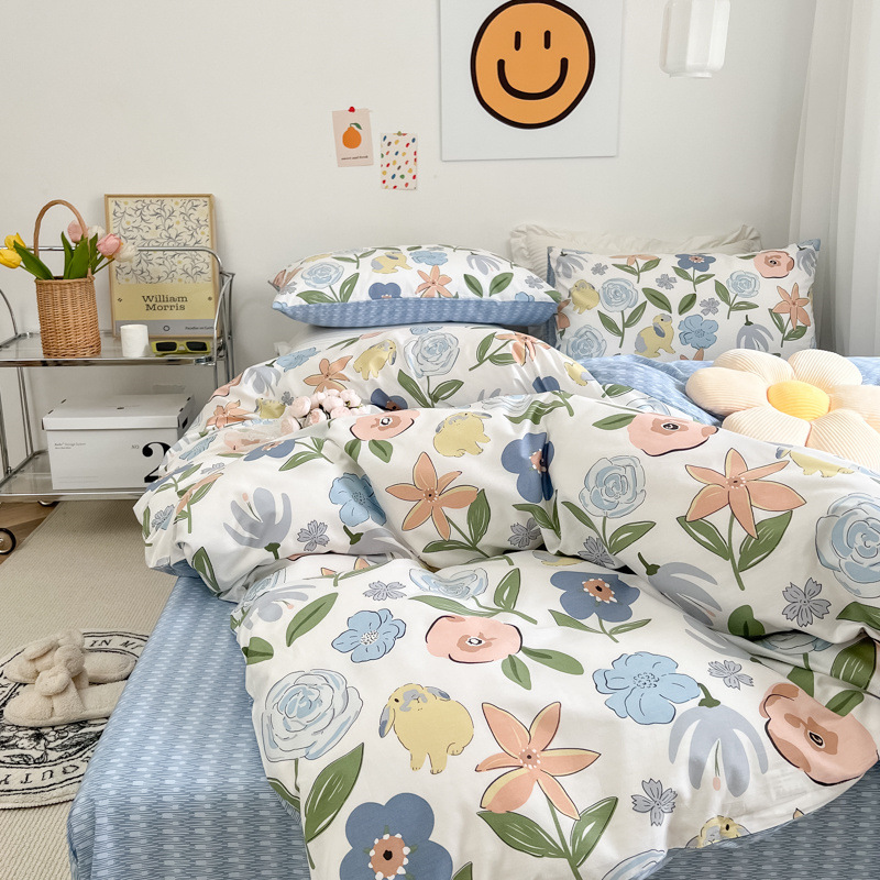 Floral Small Fresh Cotton Four-piece Set-Blue b64