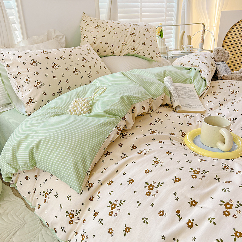 Fresh Small Floral Cotton Three-piece Set - Green b67