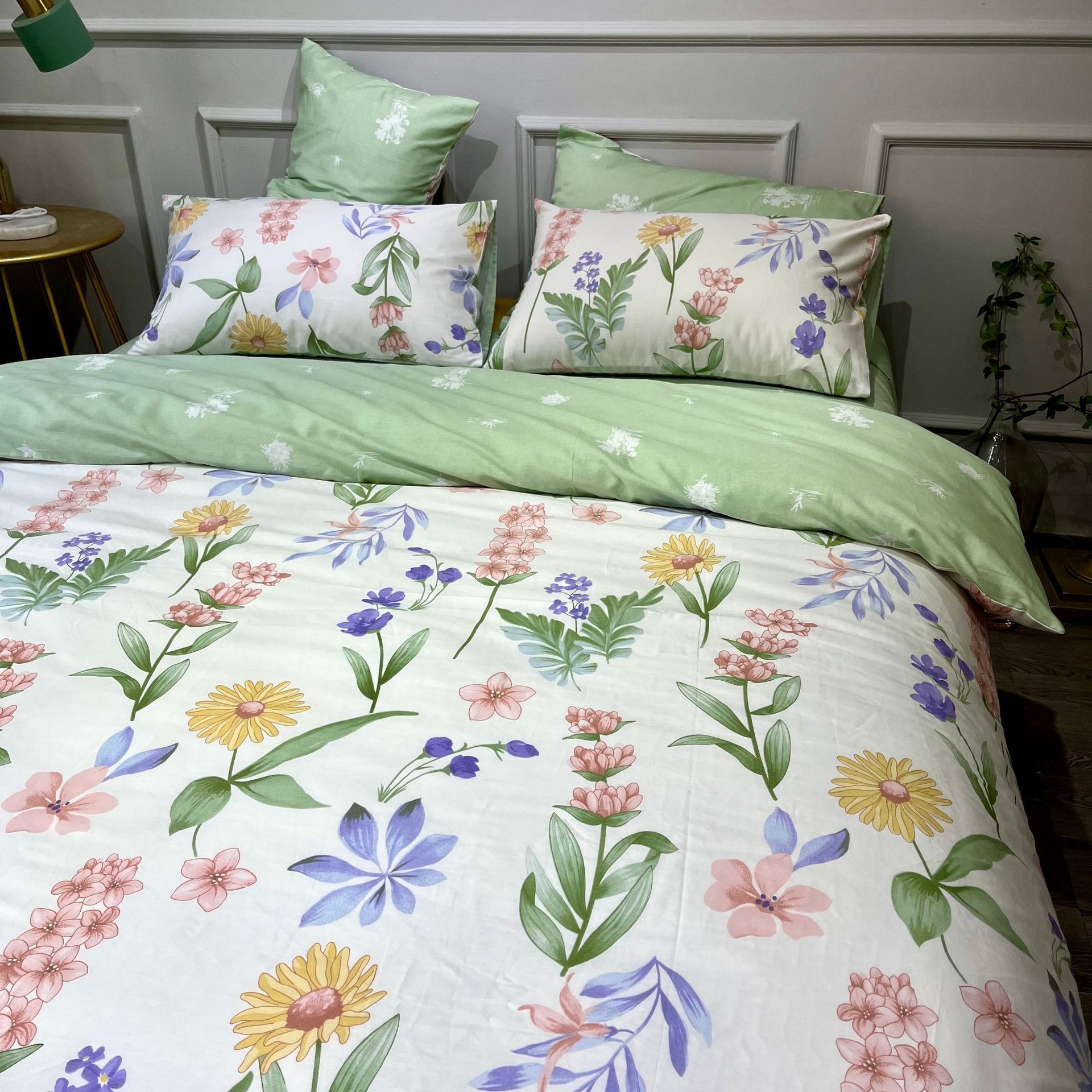 Fresh Small Floral Cotton Three-piece Set - Green b67