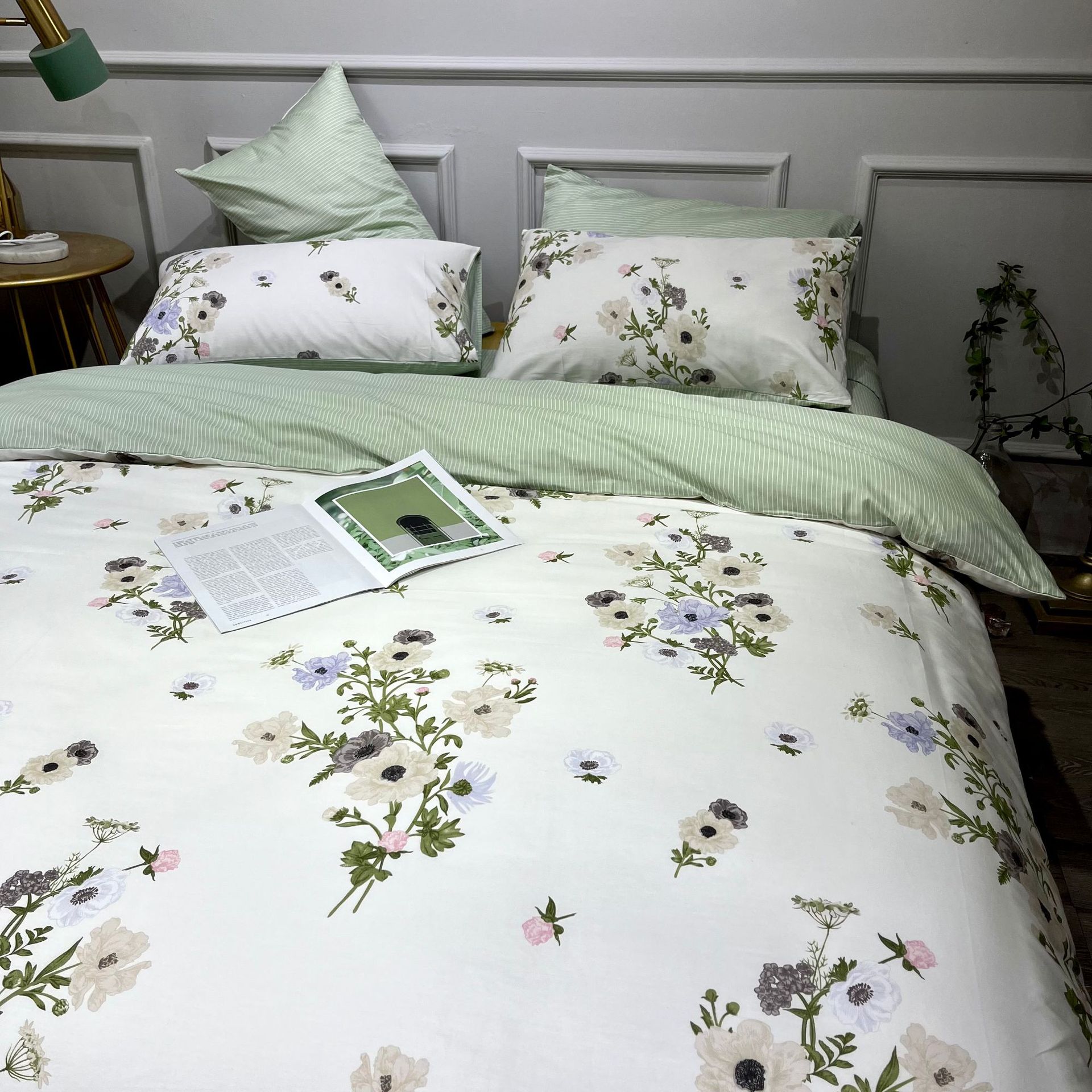 Fresh Small Floral Cotton Three-piece Set - Green b67