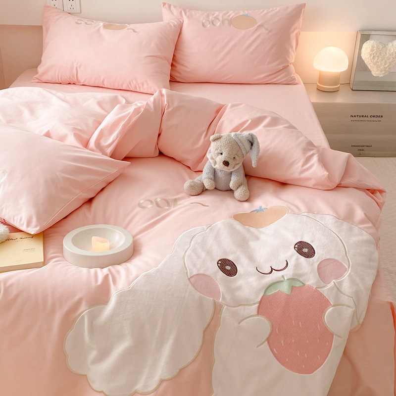 Rabbit Cotton Osaka Cartoon Patch Embroidery Four-piece Set -Princess Pink b76