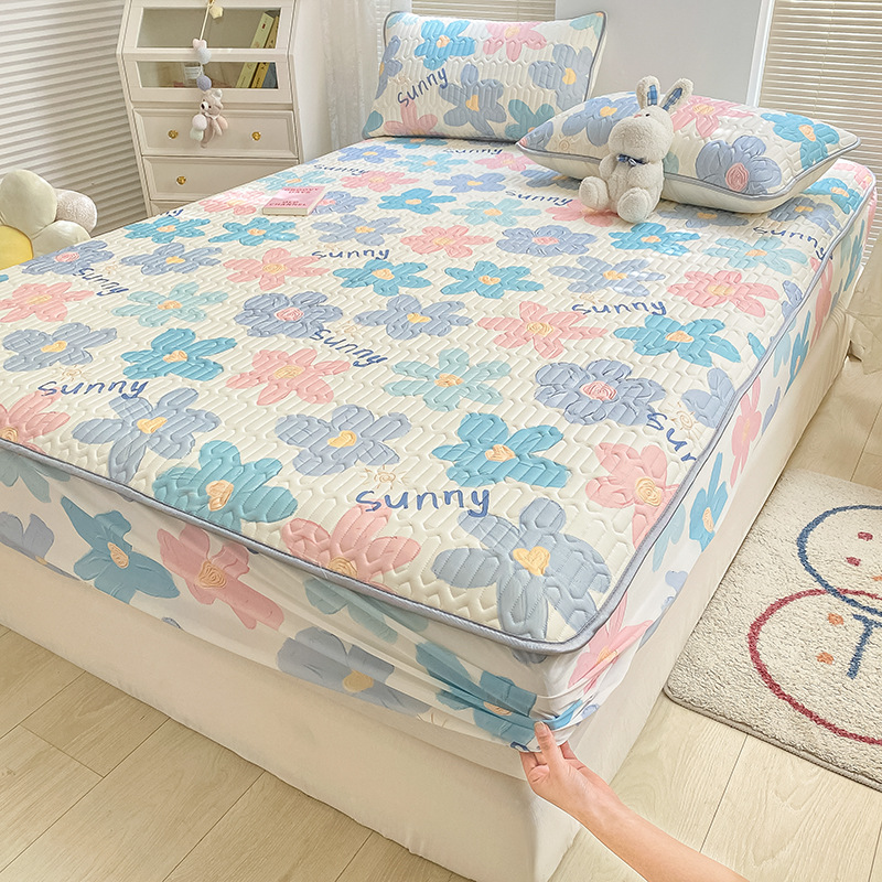 Ice Silk Fitted Sheet Latex Mat Three-piece Set - summer flowers b117