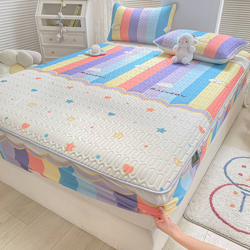 Ice Silk Fitted Sheet Latex Mat Three-piece Set - summer flowers b117
