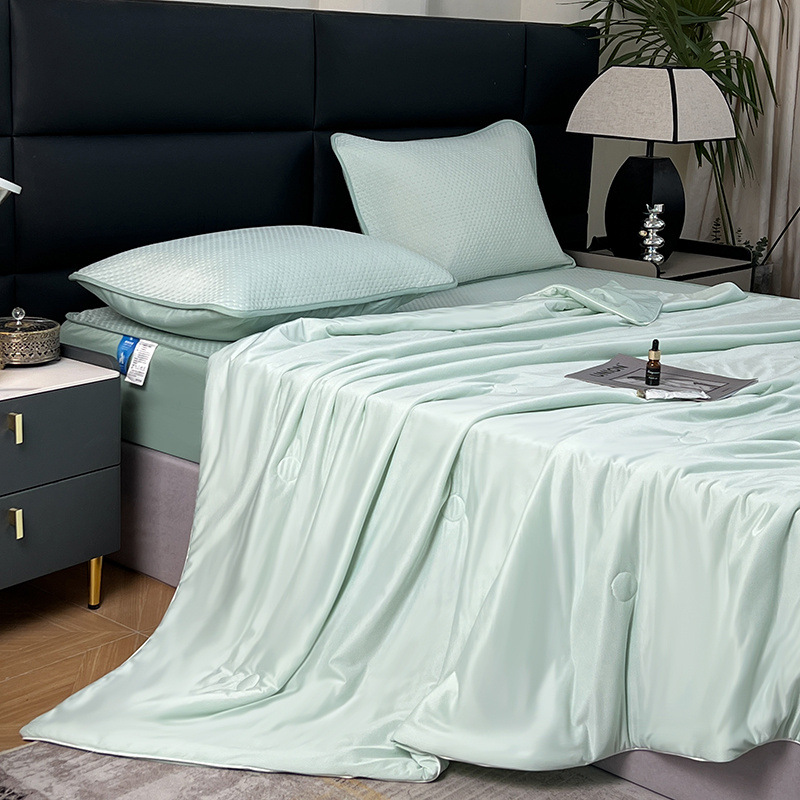 Solid color double foldable washable ice silk quilt -  Aqua green b113